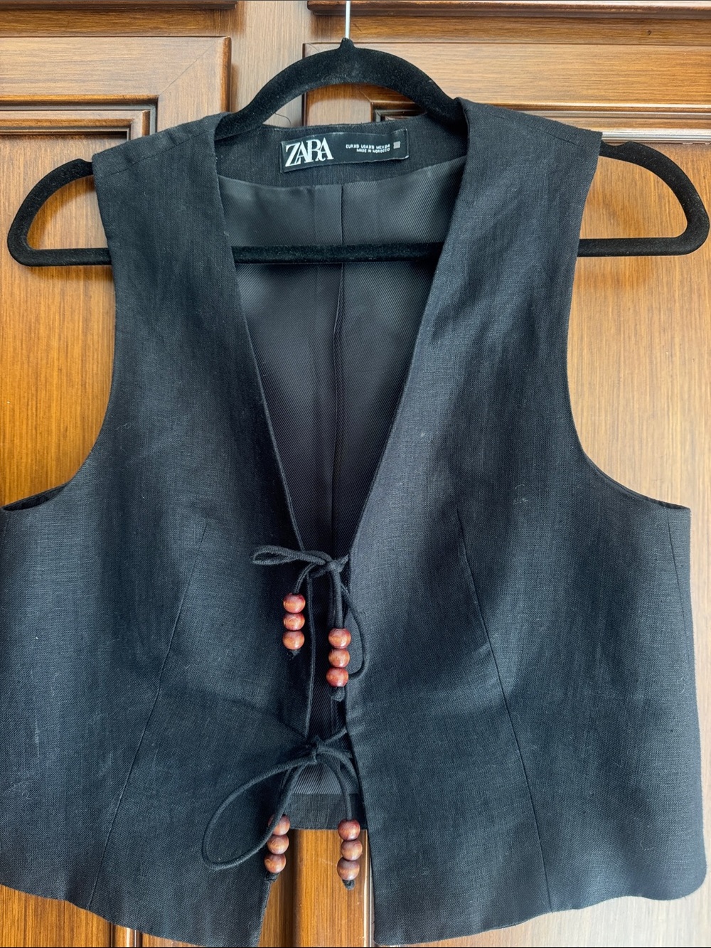 Zara Black Linen-Blend Lace-Up Vest with Wooden Beads